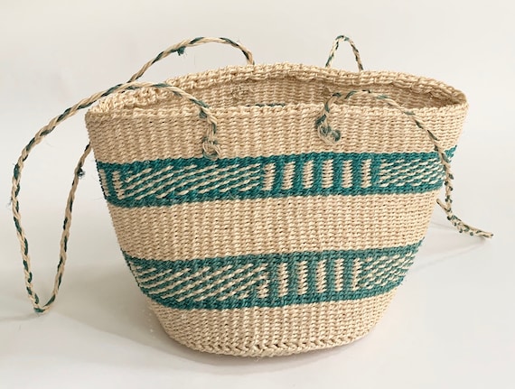 Vintage Sisal Bag Market Bag Purse Open Top Braided Strap Natural White Aqua Turquoise Striped Beach Tote Excellent Condition Clean Interior