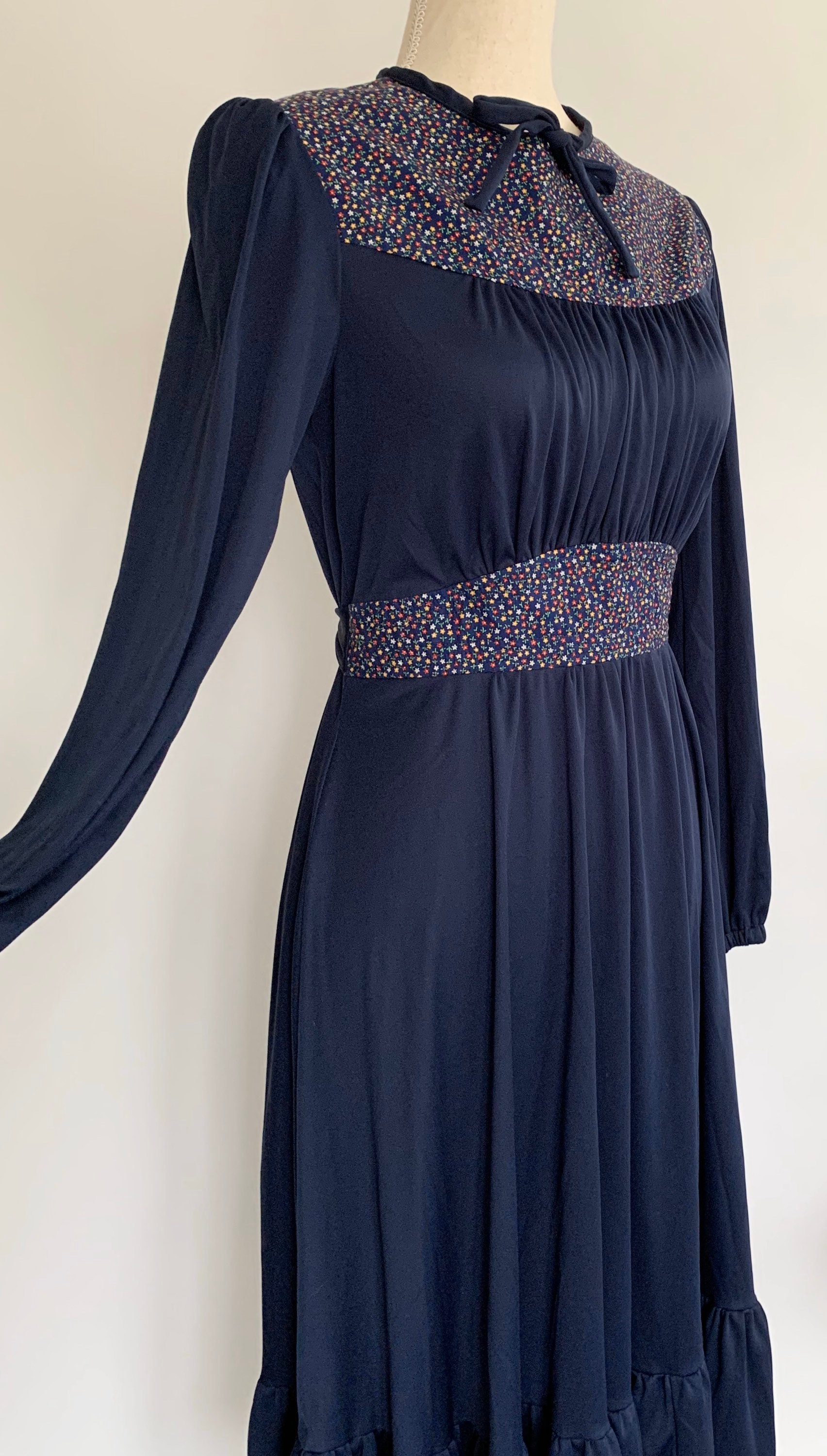 70s Boho Prairie Dress Vintage Soft Drapey Navy Blue Polyester Ditsy ...