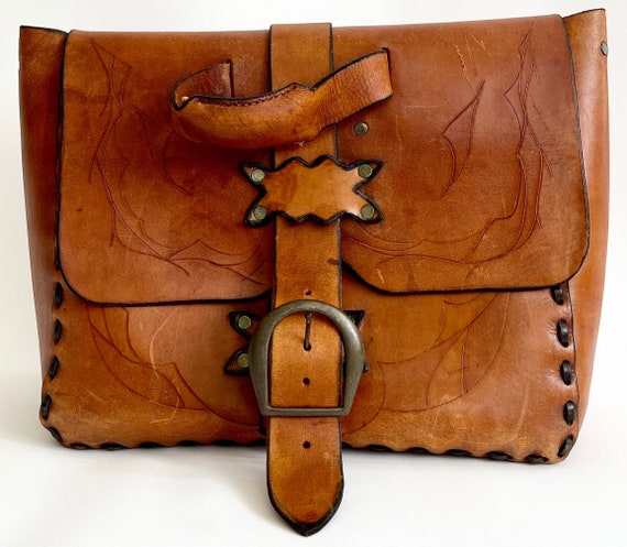 Hefty Tooled Leather Bag Western Vintage 70s Distressed Worn Tan Brown Hand Tooled Leather Work Bag Laptop Case Satchel Briefcase