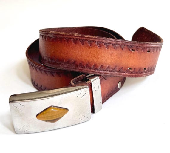 Vintage Western Belt Silver Tone Navajo Style Buckle Tigers Eye Accent Rugged Tooled Brown Leather Strap