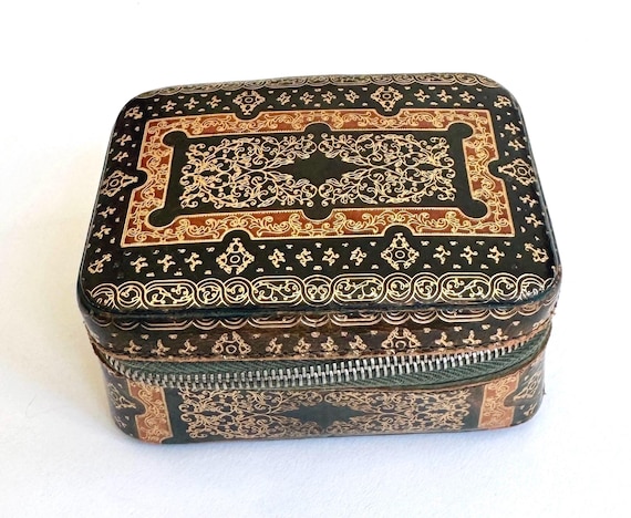 Decorative Vintage Leather Box Vintage Antique Gilt Embossed Colored Leather Zip Jewelry Pouch Velvet Lined Rectangle Trinket Jewelry Box