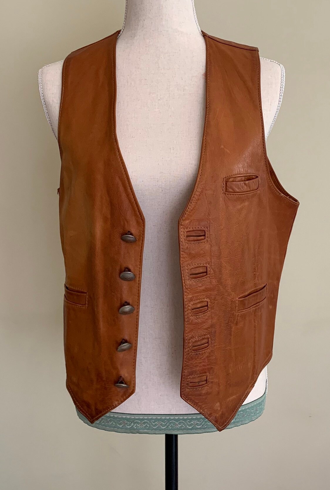 Buffalo Nickel Leather Vest Vintage Distressed FadedPatina Cognac Brown ...