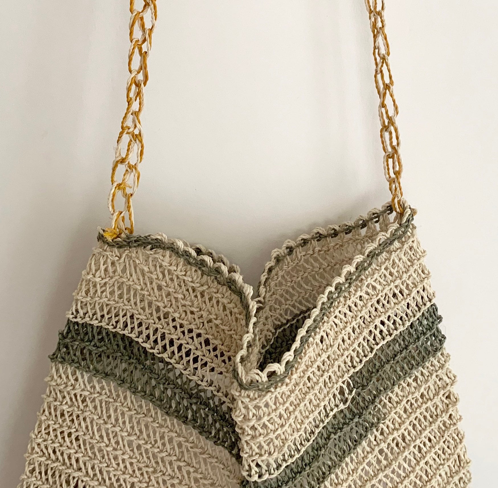 Boho Open Weave Bag Purse Vintage Open Knit Striped Natural White Beige