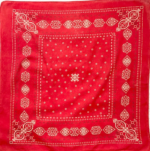 Red Fast Color Bandana Vintage 60s All Cotton Lightweight Weave Red White Black Paisley Dot Circle Print Faded Patina