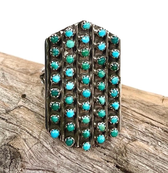 Antique Zuni Turquoise Ring 30s 40s Native American Handcrafted Sterling Silver Snake Eye Set Stones Size 5.25