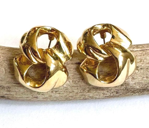 Vintage Givenchy Gold Tone Chunky Link Earrings 80s Designer Jewelry Twisted Gold Knots