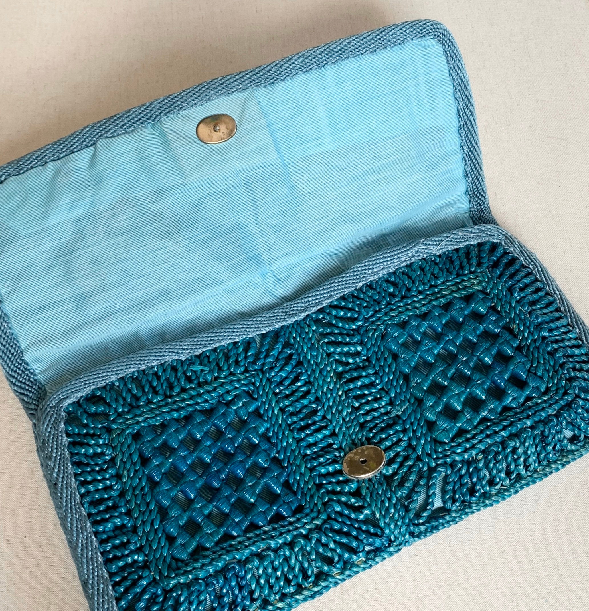 Teal Raffia Clutch Purse Bag Made in Italy Vintage Joske's Department
