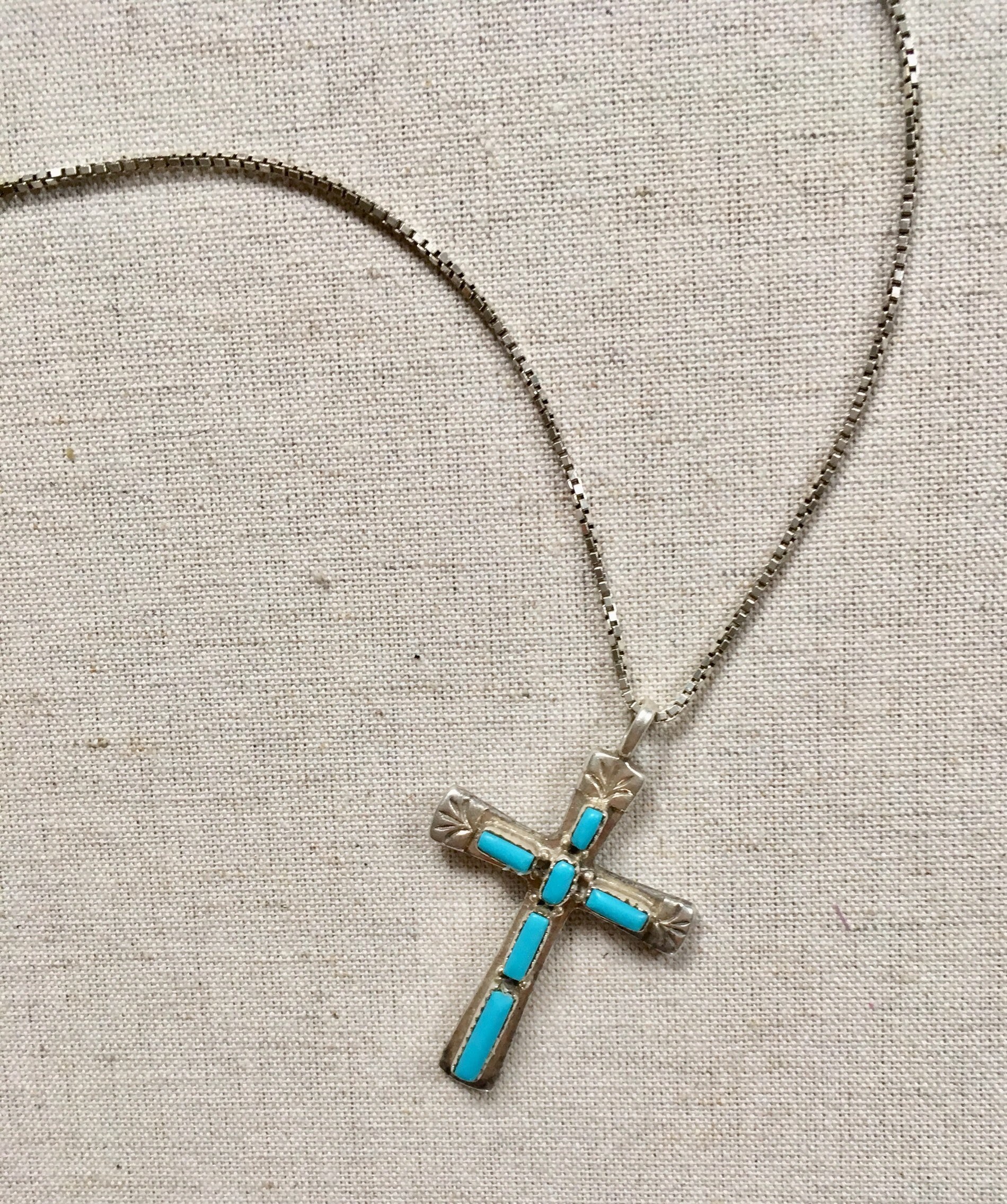 Turquoise Cross Pendant Large Size Sterling Silver Vintage Patina