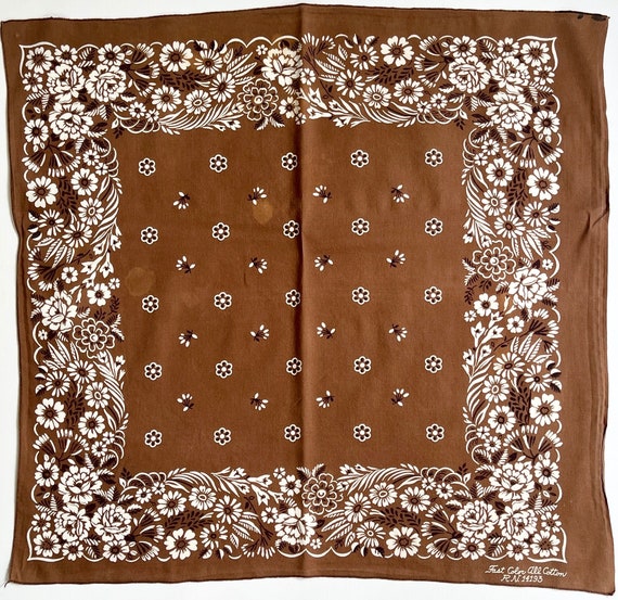 60s 70s Brown Bandana Vintage Fast Color Soft All Cotton Western Cowboy Chocolate Brown White Paisley Floral Print