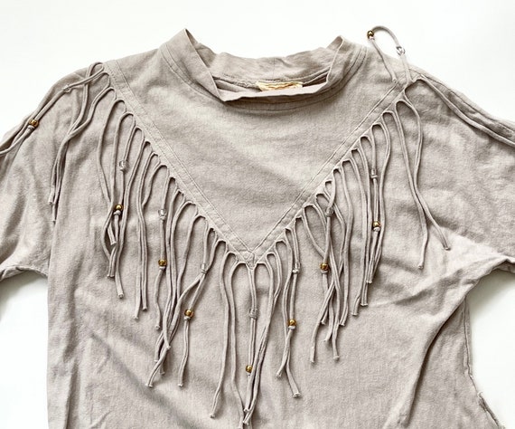 Vintage Western Fringe Tshirt Fashioned by Mavis West Vintage 70s Pale Grey Cotton Short Sleeve