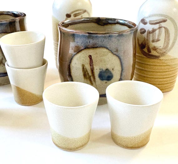 Mid Century Japanese Sake Tea Set Vintage Beige Neutral Pottery Sake Carafe Cup Imperial Imports Japan