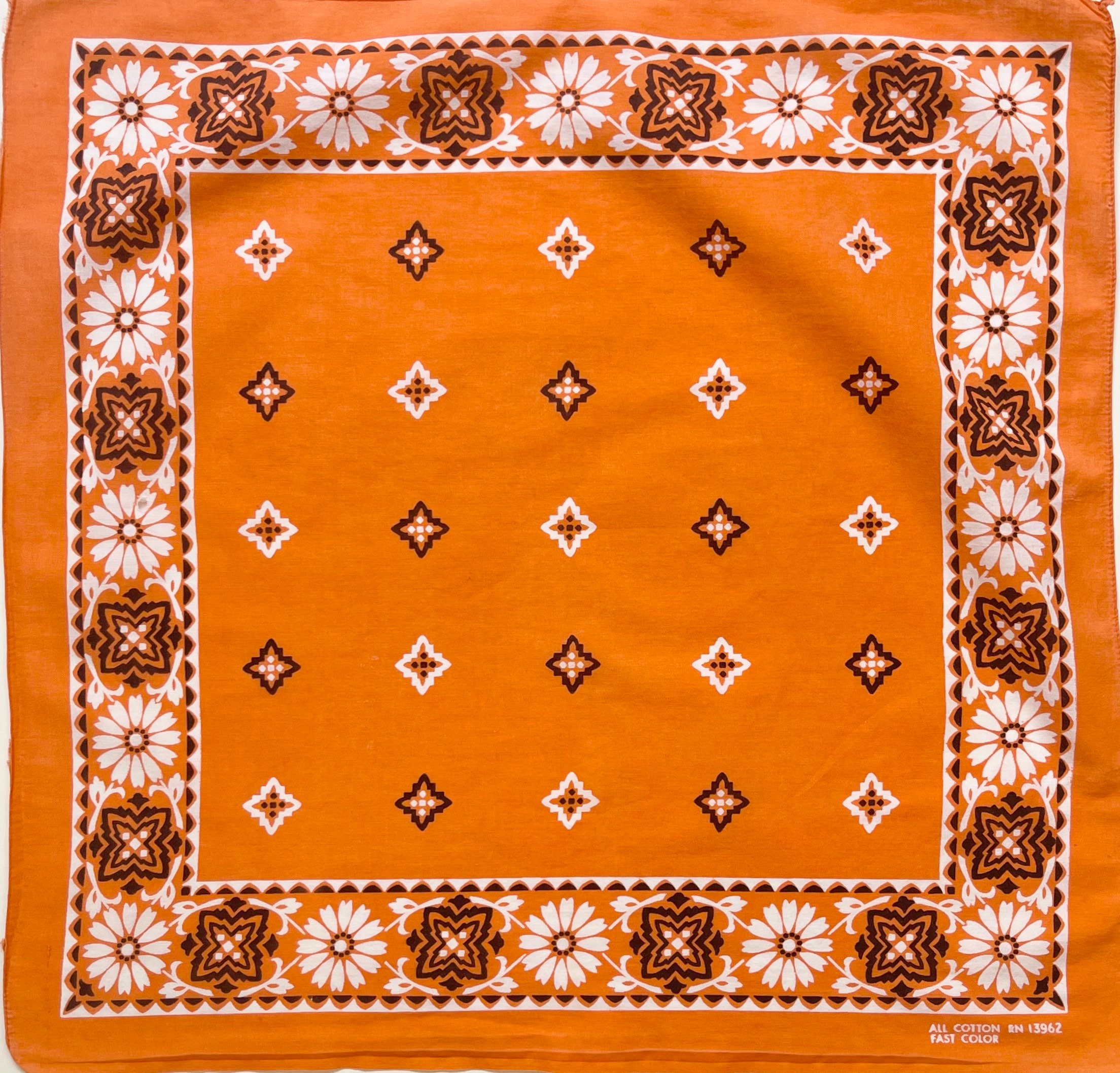 Soft Orange Cotton Bandana Vintage 60s Fast Color White Black Daisy