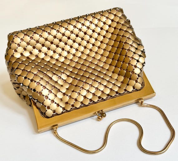 Rare Gold Mesh Bag by Whiting and Davis Large Size Metal Mesh Links Vintage 60s Purse Small Wristlet Made in USA