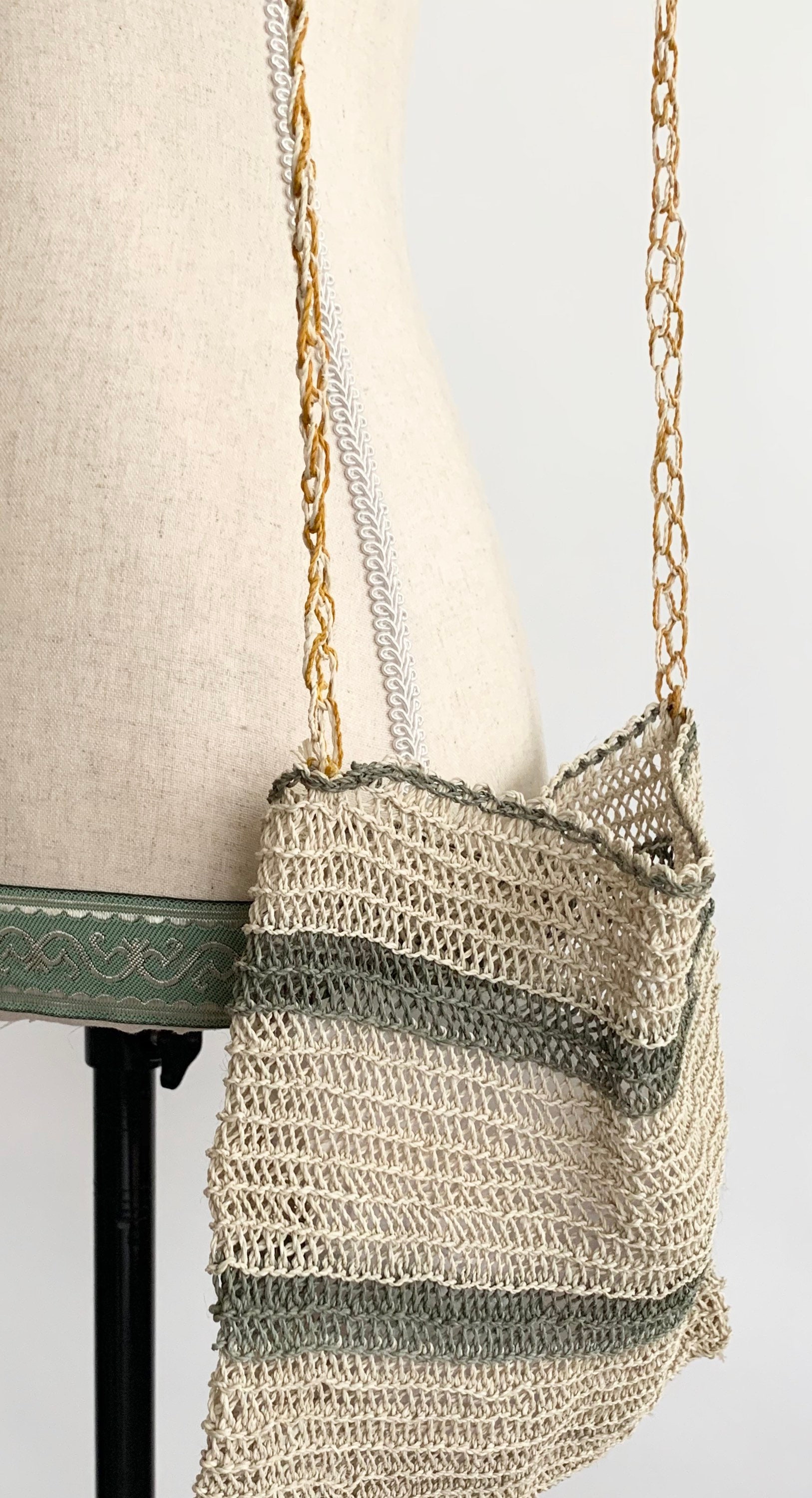 Boho Open Weave Bag Purse Vintage Open Knit Striped Natural White Beige