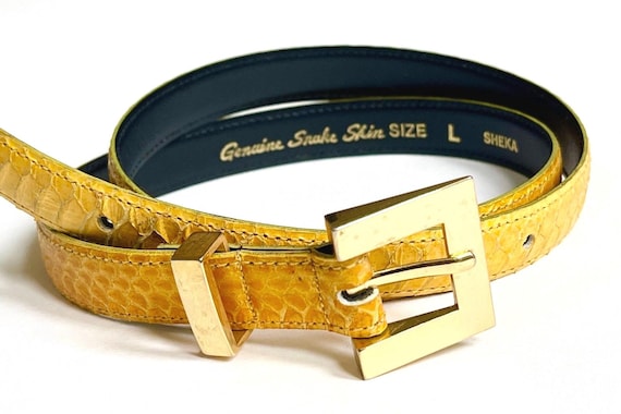 Vintage 80s Snakeskin Belt Goldenrod Yellow Gold Genuine Snakeskin Strap Gold Tone Buckle Vintage Womens Dress Waist Belt