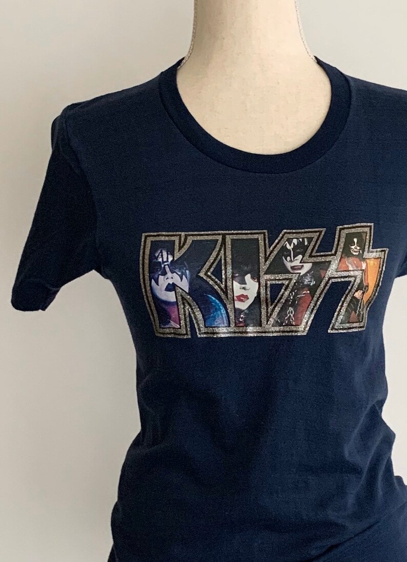 Vintage KISS T Shirt 70s Glitter Iron On Transfer Soft 50 50 Poly Cotton Rare Graphic Tee Dark Midnight Blue Made in USA Size XS S