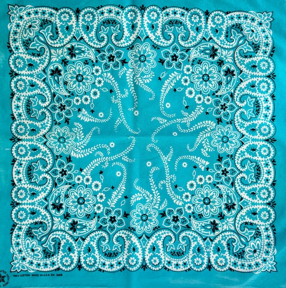 Turquoise Blue Bandana Vintage 80s All Cotton Made in USA Black White Paisley Floral Print Western Cowboy Scarf