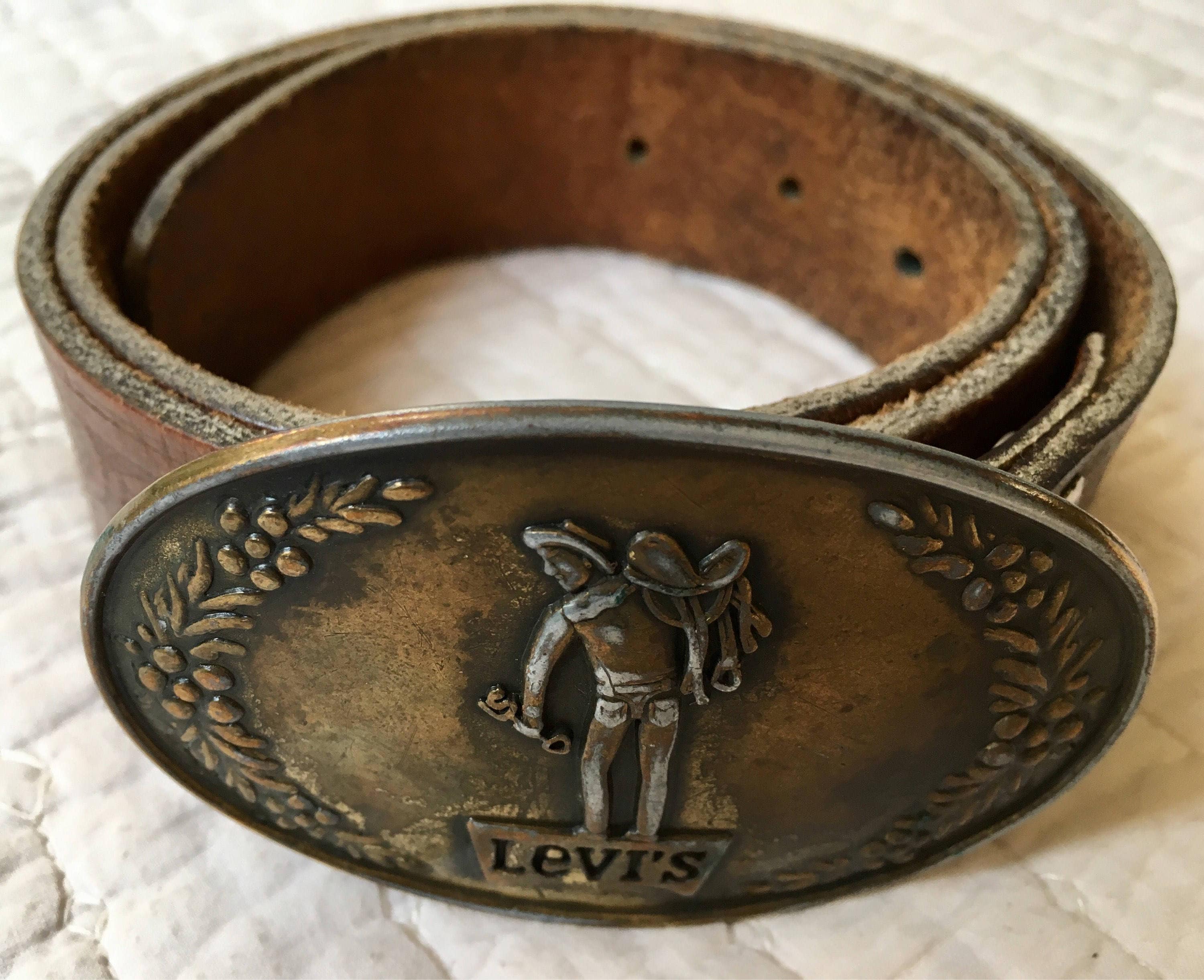 Vintage Levi's Leather Belt Cowboy Buckle Distressed Brown Stamped