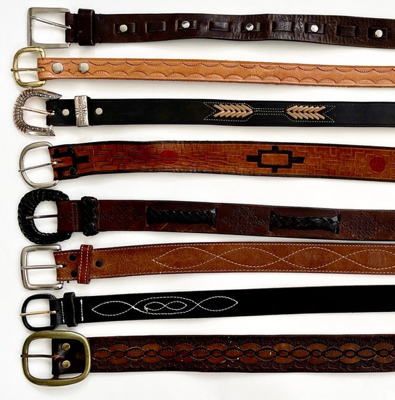 Western Distressed Leather Belt Vintage Western Brown Tan Black Leather Lizard Strap Tooled Western Stitching Cowboy Mens Women's Belts