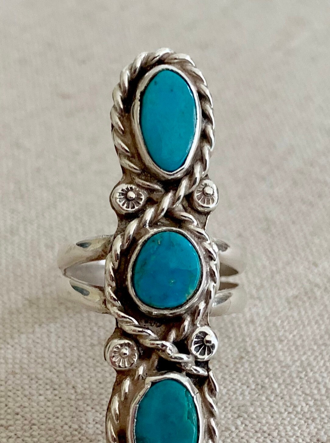 Long Turquoise Ring Triple Three Multi Stone Vintage Native American