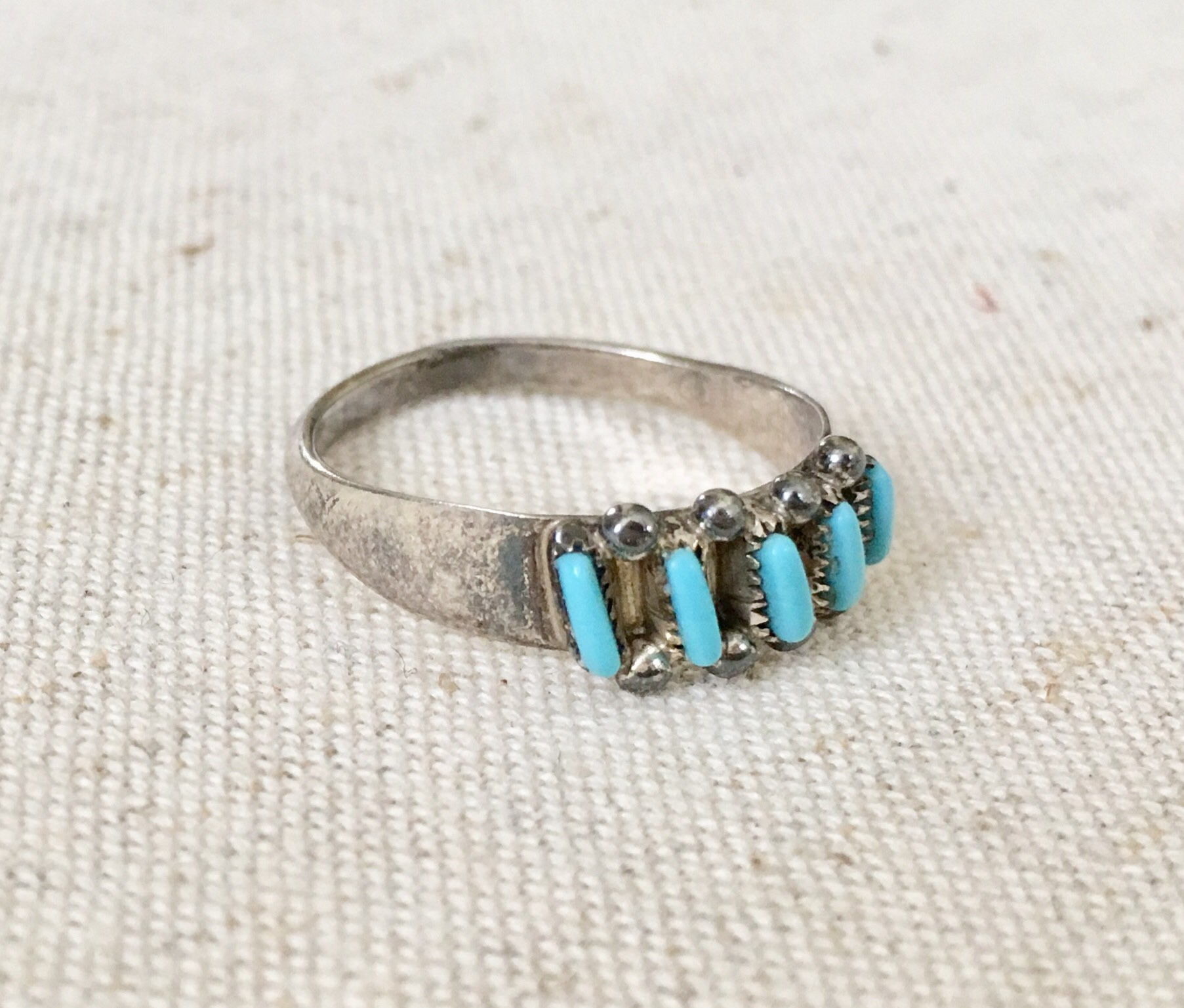 Vintage Zuni Turquoise Ring Native American Sterling Silver Needlepoint Size 6 7