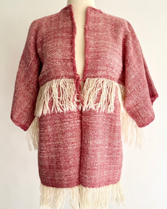 Southwest Handwoven Wool Jacket Sweater Coat Fringe Trim Rose Pink Natural White Vintage New Mexico Estate Possibly Native American XXS XS