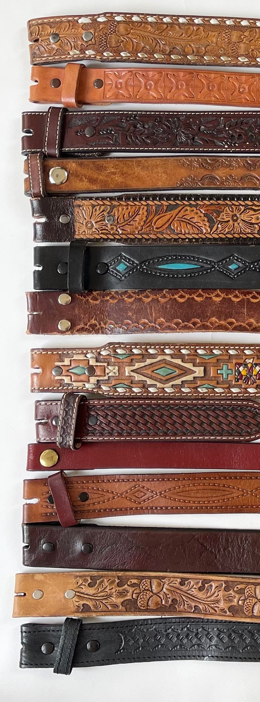 Tooled Leather Belt Strap Vintage Snap On Detachable Brown Black