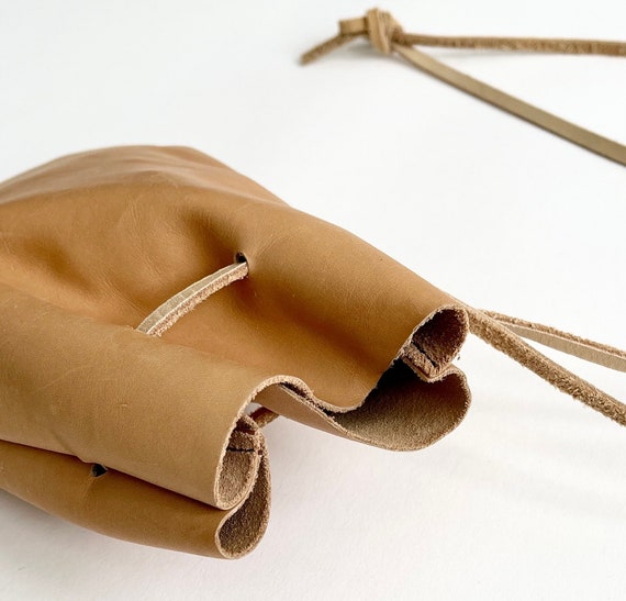 Handmade Tan Leather Pouch Bag Vintage Western Leather Goods Drawstring Closure Soft Leather