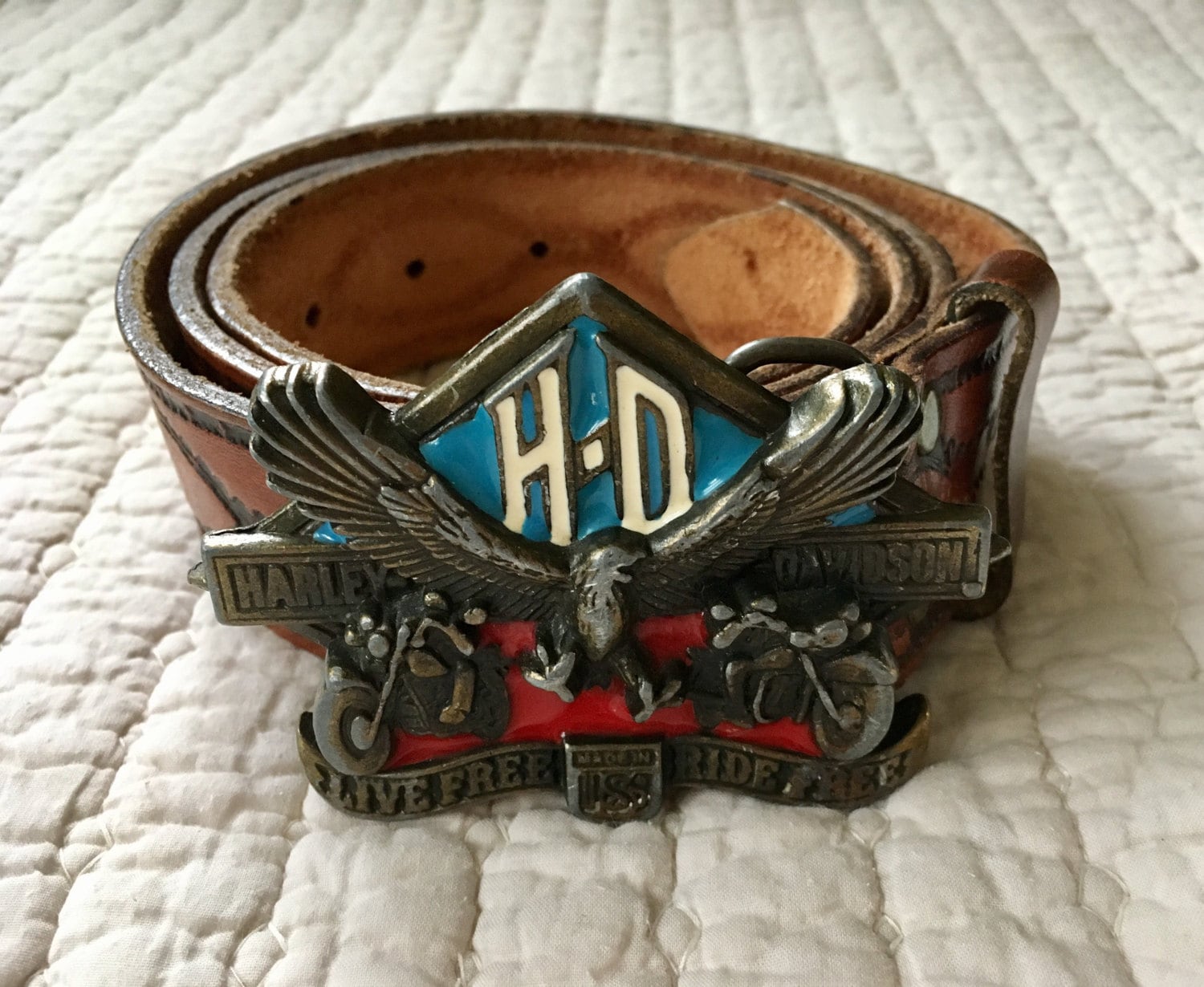 Vintage Harley Davidson Belt Buckle and Tooled Leather Belt