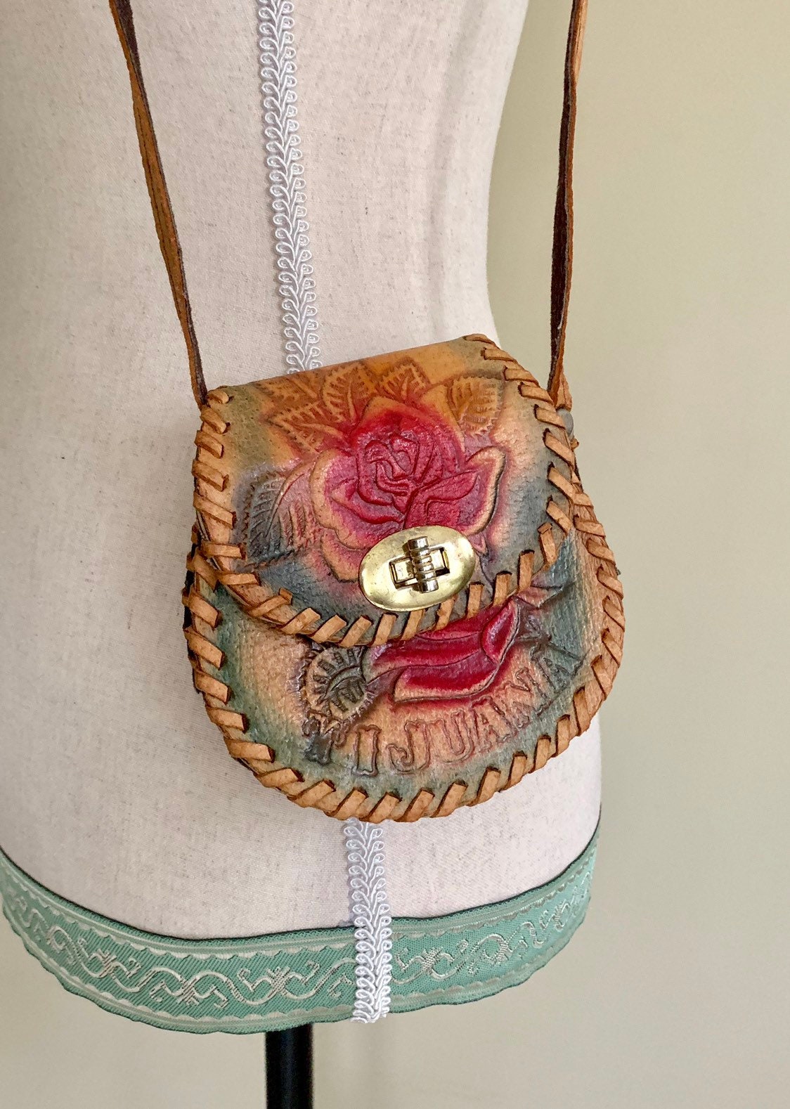 Mexican Tooled Leather Purse Handbag Vintage 70s Painted Floral Rose ...