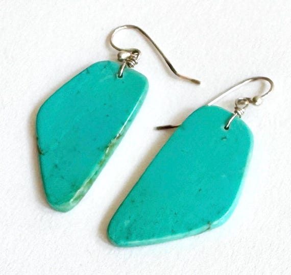 Santo Domingo Turquoise Earrings 2" Drop Vintage Southwest Native American Dangle Turquoise Blue Stone Slab