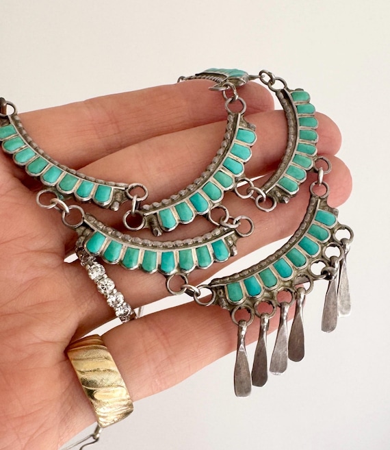 Signed Zuni Turquoise Necklace Choker 4" Vintage 40s Native American Sterling Silver Flush Inlay Waterfall Chandelier Pendant Petit Point