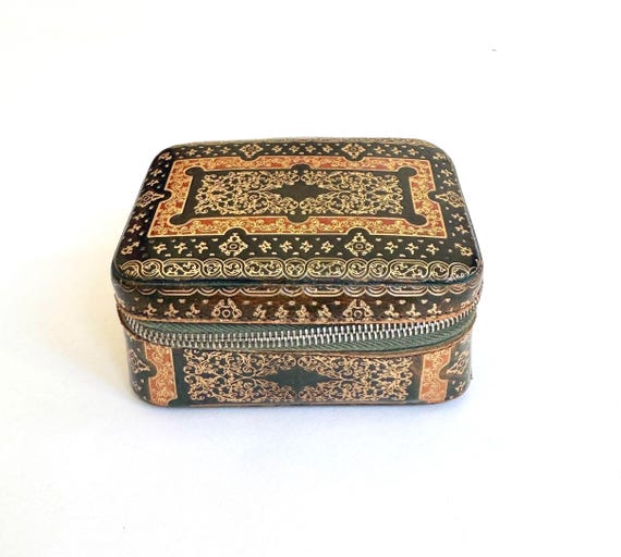 Decorative Vintage Leather Box Vintage Antique Gilt Embossed Colored Leather Zip Jewelry Pouch Velvet Lined Rectangle Trinket Jewelry Box