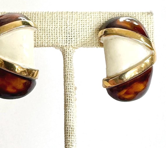Chunky 80s Gold Earrings Faux Tortoise Shell Enamel Clip On Style