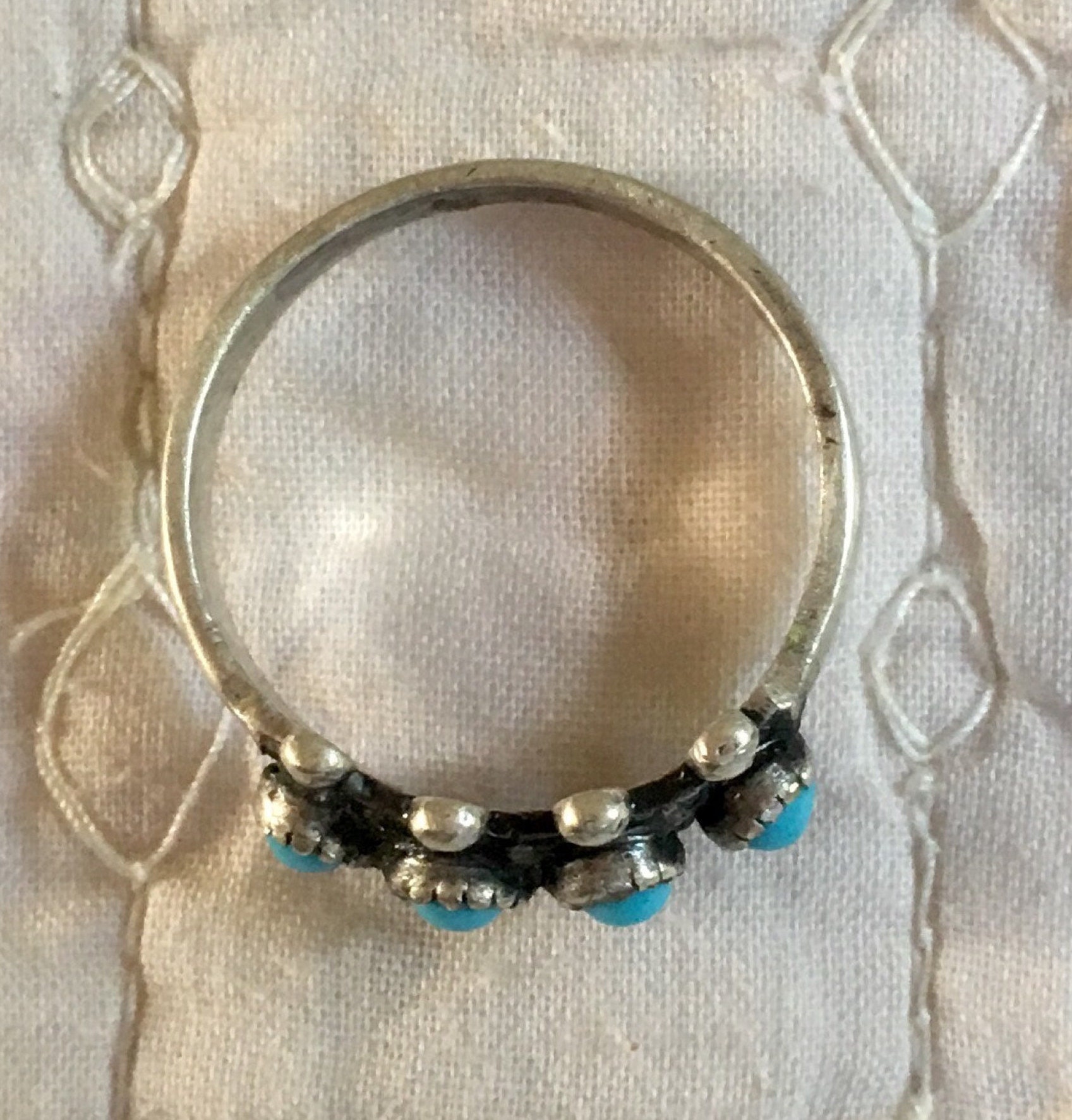 Vintage Zuni Ring Band Sterling Silver & Turquoise Zuni Petit Point Stackable Size 7