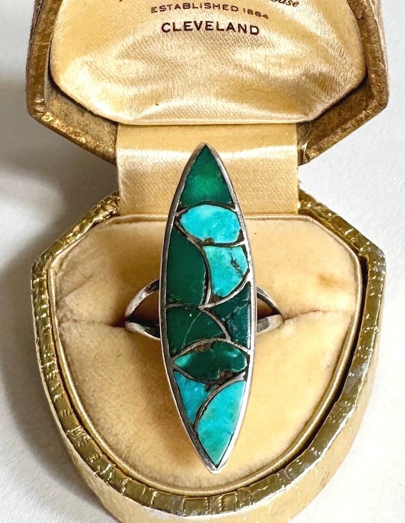 Antique Zuni Turquoise Ring Flush Mosaic Fishtail Inlay Vintage 1910s 20s Native American Old Pawn Jewelry Elongated 1.5" Face Size 6.5