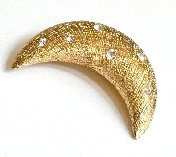 Christian Dior Moon Brooch Pin Signed Vintage 80s French Designer Textured Gold Tone Clear Crystals Celestial Costume Jewelry