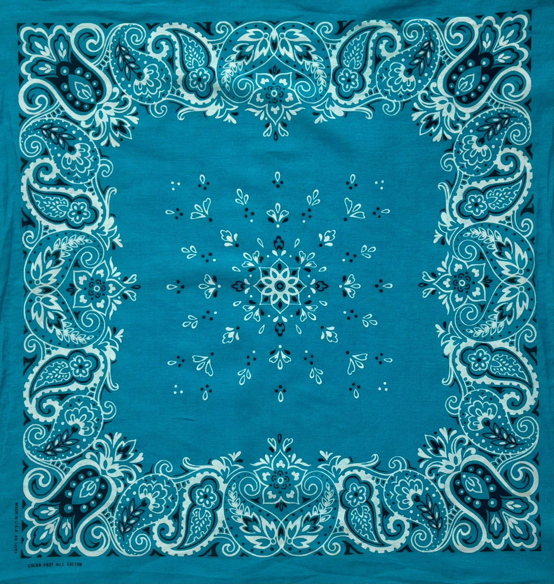 Turquoise Blue Cotton Bandana Vintage 60s 70s Color Fast All Cotton