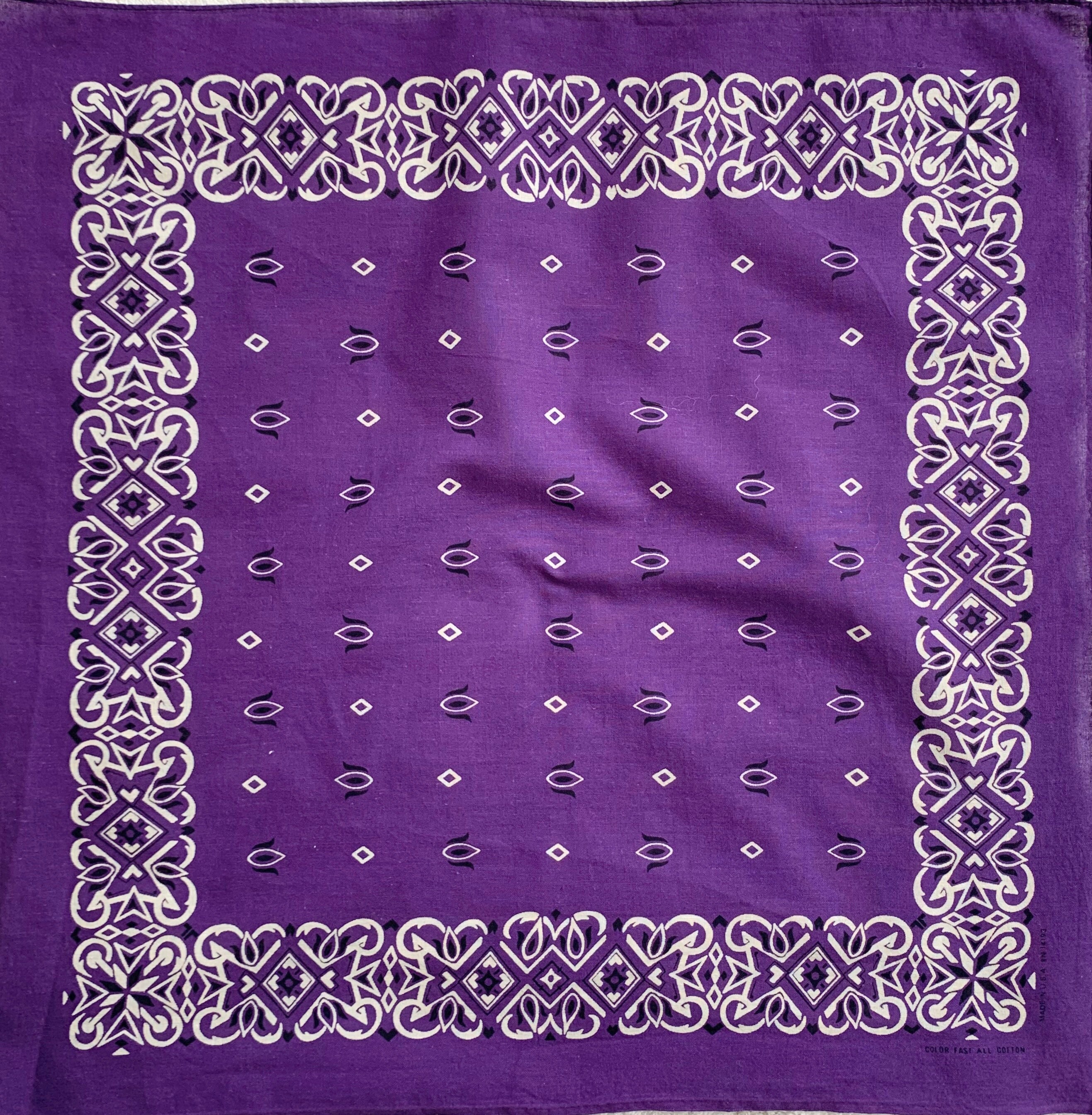 Dark Purple Cotton Bandana Vintage 70s Single Selvedge Edge Black White
