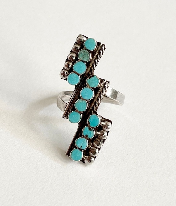 Delicate Dishta Turquoise Ring Long Lightning Zig Zag Shaped Face Vintage Native American Sterling Silver Flush Inlay 6.5