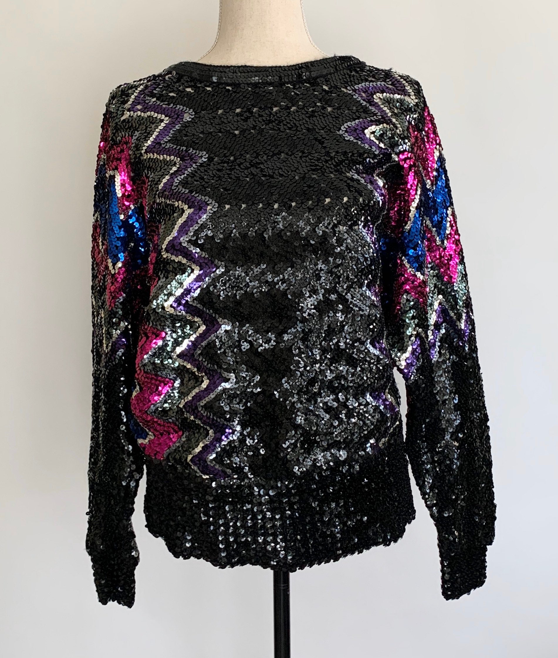 Open Back Sequin Sweater Top Vintage 80s Zig Zag Pattern Black Silver ...