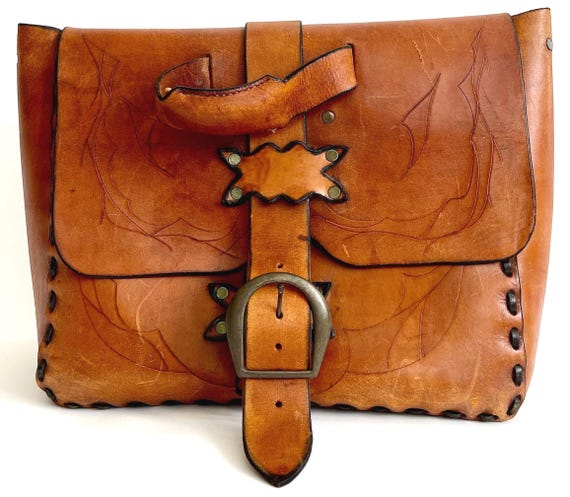 Vintage 70s Tooled Leather Satchel Handmade Distressed Worn Leather Western Work Bag Laptop Case