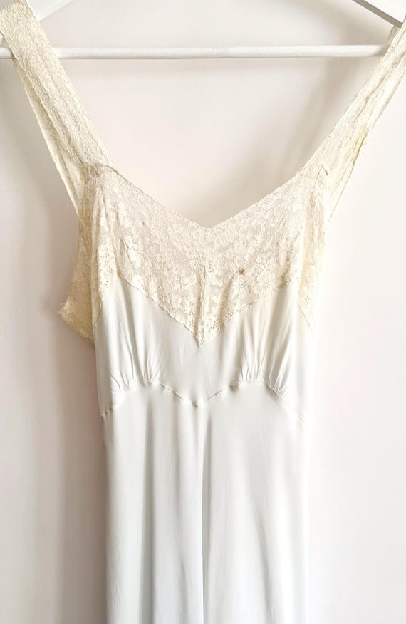 Antique Satin Nightgown Handmade Vintage 20s 30s Nightie Solid Pale Icy Blue Ivory Lace Trim Tie Waist Long Ankle Length