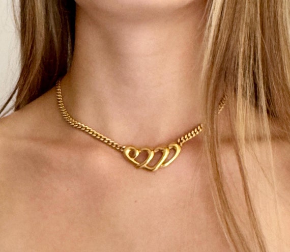 Napier Gold Heart Necklace Choker Vintage Signed Costume Jewelry Triple Three Heart Pendant Valentines Gift Valentines Jewelry