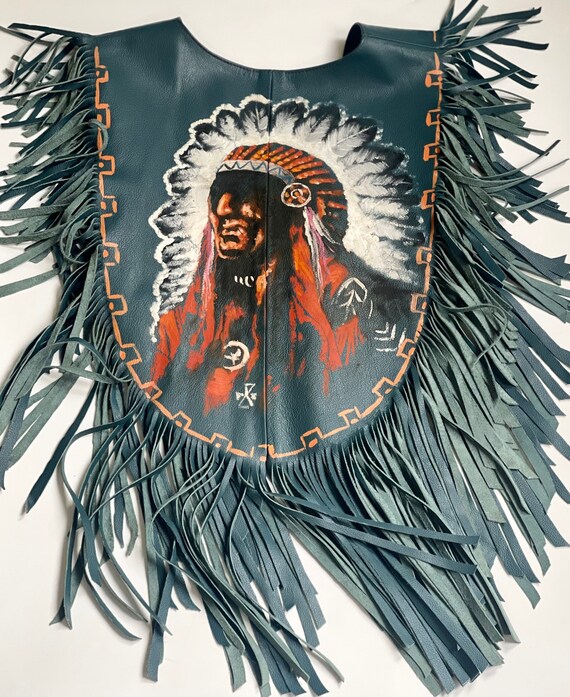 Hand Painted Leather Poncho Topper Wearable Vintage Art Western Desert Native American Chief Image Teal Blue Leather Long Fringe Apache