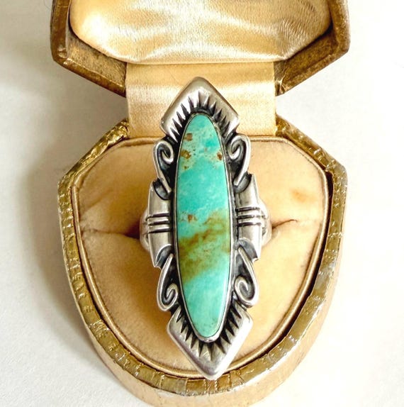 Long Bell Trading Turquoise Ring Vintage Native American Navajo Sterling Silver 6.25