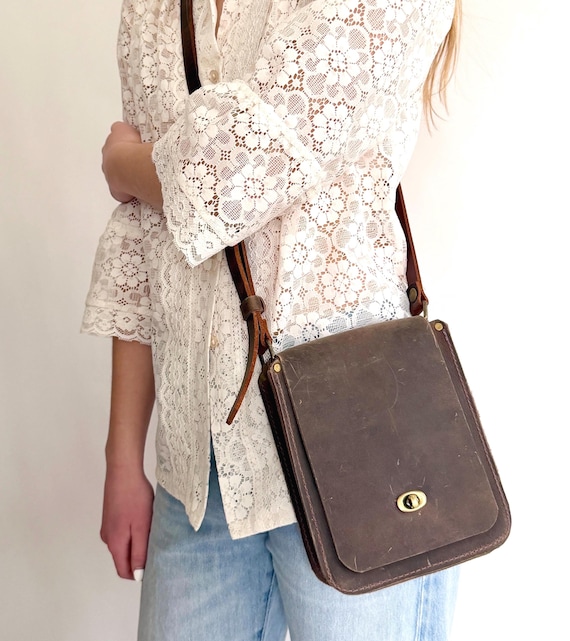 Rugged Handmade Leather Crossbody Bag Brown Oil Tanned Cowhide Womens Mens Unisex Style