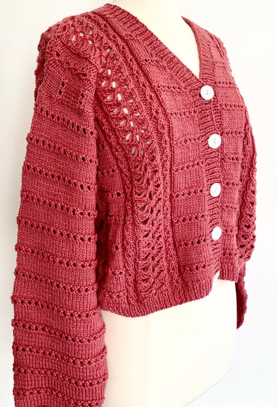 Pink Hand Knit Sweater Cardigan Vintage Handmade Soft Rose Lipstick Pink Wool Pearlized Buttons S