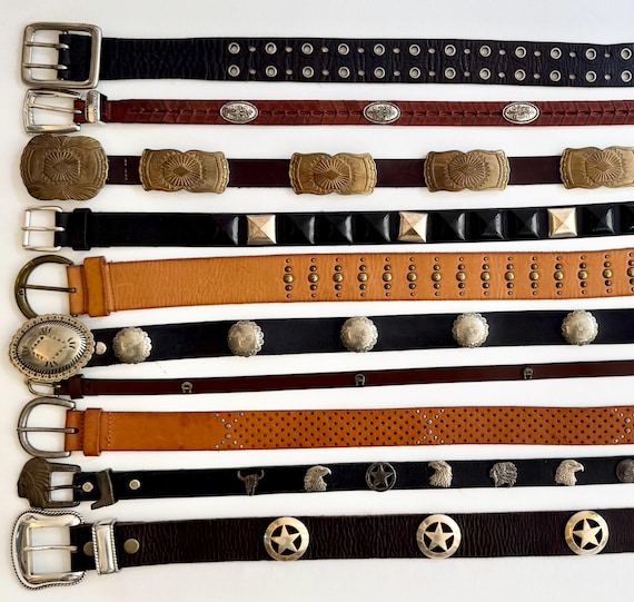 Western Leather Concho Belt Navajo Silver Conchas Studded Western Tip Worn Rugged Tan Brown Black Leather Cowboy Rodeo Brass Silver