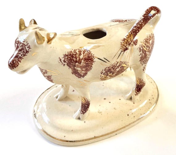 Antique Staffordshire Cow Creamer English Bisque Spongeware with Gold Accents